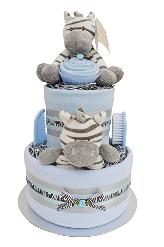 Stunning 2 Tier Deluxe New Baby Boys Blue Zebra Nappy Cake Baby Shower Gift - FAST & FREE UK Delivery!