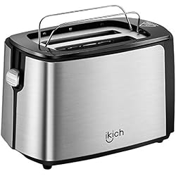 Grille-Pain, IKICH 2 Fentes Acier Inoxydable Grille Pain(Réchauffe-viennoiseries intégré, 6 Niveaux de Dorage, Décongélation/Réchauffage/Annulation, Tiroir Ramasse-miettes Amovible, 700W, Argent&Noir)