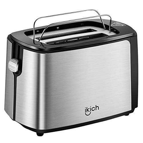 Grille-Pain, IKICH 2 Fentes Acier Inoxydable Grille Pain(Réchauffe-viennoiseries intégré, 6 Niveaux de Dorage, Décongélation/Réchauffage/Annulation, Tiroir Ramasse-miettes Amovible, 700W, Argent&Noir)