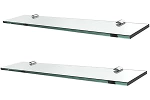 S'AFIELINA Glass Bathroom Shelves 48CM, Wall Mounted Floating Shelves 8MM Thick Tempered Glass Shelf with Chrome Polished Bracket for Kitchen Living Room and Toilet, 2 Packs