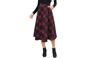 Alaster Queen Womens Long Plaid Skirt Ladies Midi High Elastic Waist Winter Pockets Skirts