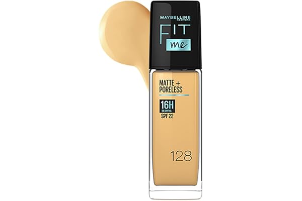 Maybelline New York Liquid Foundation For All Skin Type,Full Matte Finish, With SPF, Absorbs Oil, Fit Me Matte + Poreless, 128 Warm Nude, 30 Ml