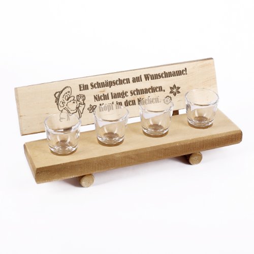 Cera & Toys® Holzbank mit 4 Schnapsgläser + gratis Gravur des Namens - Nicht lange schnacken