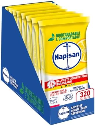 Napisan Salviette Disinfettanti Sgrassanti al Limone, Confezione da 8 Pacchi x 40 Salviette Disinfettanti Biodegradabili e Compostabili Multisuperfici