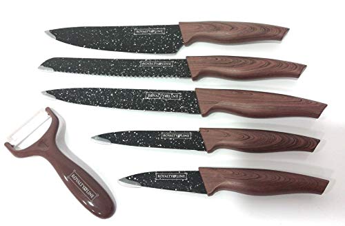 EUROSEDICO, Juego de Cuchillos, Recubrimiento cerámico, 6 Piezas, Mango imitación a Madera, Royalty Line