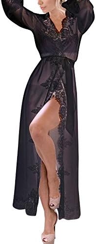 Happiness 8899 Wocharm Womens Sexy Elegant Lace Robe Nightwear Night Dressing Perspective Robe (XXL, Long Gown Black)