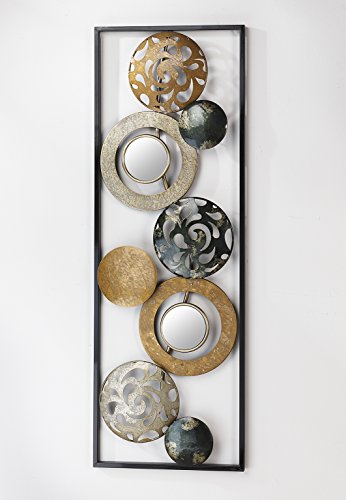 Wanddekoration Wandbild Wandschmuck Wandhänger Wanddeko aus Metall silber gold grau Ringe und Kreise mit Metallrahmen Spiegel - 2