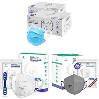 CARE VIEW 3 Ply Disposable Surgical Face Mask Box (Pack of 100, BLUE) & Unisex Ear Loop Style N-95 Protective Face Mask & Cotton Reuseable N95 Mask (Grey, Without Valve, Pack of 10) for Unisex Adult