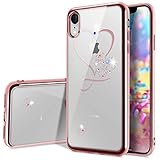[Patrón de corazón lindo de Bling]: hermoso y dulce diseño de corazón con pedrería brillante cuidadosamente colocada y adorno de corazón de cristal que combina perfectamente con tu iPhone Xr.