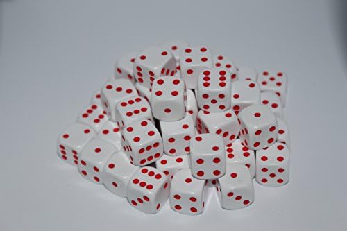 50 Good Quality Dice in White with Red Spots (D6 14mm)