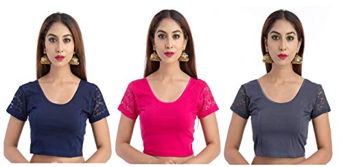 Fressia FabricsWomen's Stretchable Readymade Saree Blouse Crop Top Choli Pack of 3