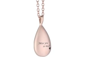MCJKP Cremation Jewellery Urn Necklace for Ashes Personalized Stainless Steel Carved Miss You So Much Rose Gold Teardrop Pendant Necklace Long Chain Urns for Human Pets