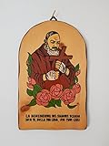  Imagen de PADRE PIO con bendición en italiano, dibujado con serigrafía en madera