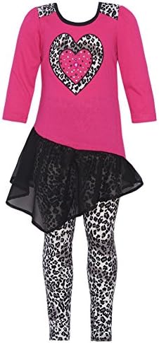 Little Girls Fuchsia Leopard Print Asymmetric Hem Heart Dress Legging Set 2T