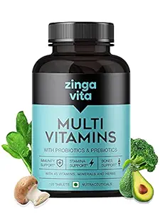 Zingavita Multivitamin Tablets for Men & Women - 120 count, With Probiotics & Prebiotics, 100% RDA Vitamin C, E, Zinc & Biotin, Enhances Energy, Stamina, Immunity and Skin - 120 Veg Tablets