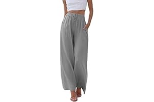 Soulolo Damen Hosen Leinen Lang Baumwolle Damen Leinenhose Einfarbig Loose Fit Stoffhose Weite Beine Freizeithose mit Tunnelzug und Taschen