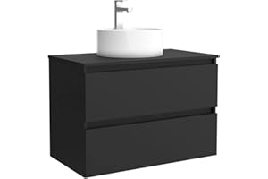 Salgar Mueble de baño Bequia 80 cm 100% montado de fábrica | Acabado Negro Mate suspendido 2 cajones Cierre amortiguado Apertura con uñero | Lavabo sobre encimera | Marca