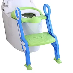 Sunbaby Foldable Potty-Trainer Seat for Toilet Potty Stand with Ladder Step Up Training Stool with Non-Slip Steps Ladder Adjustable Foldable for Boys Girls Toddlers Kids (Green)