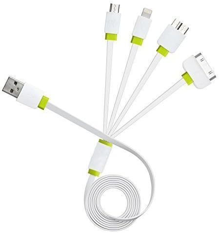 J2CC Multi Charger USB Cable 4 in 1 Multiple USB Charging Cable Adapter Connector with 8 Pin Lightning / 30 Pin / Micro USB 2.0 / Micro USB 3.0 Ports for iPhone, iPad, Samsung Galaxy S5, Note 4 and More(White+Fluorescent Green,100cm)
