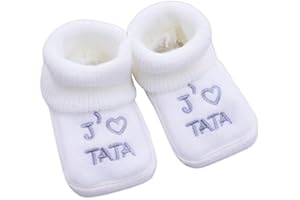 Fruit de ma passion Chaussons bébé brodés J'aime Tata + coeur FDMP, 0/3mois couleur au choix (Blanc/gris)