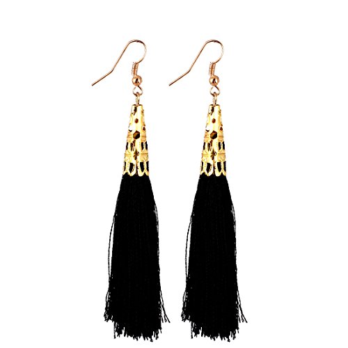 Preisvergleich Produktbild sourcingmap Angelhaken Lang Quasten Detail Hängende Ohrringe Ohrhänger Paar - Schwarz, Damen, 9,5 x 2 x 1cm (LxBxT)