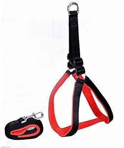 Pups&Pets Pet Nylon Soft Padded Body Reflective Adjustable Breathable Long Set-Leash & Harness Collar for Puppy Outdoor Training and Running Set Black/Red (Small 20 MM)