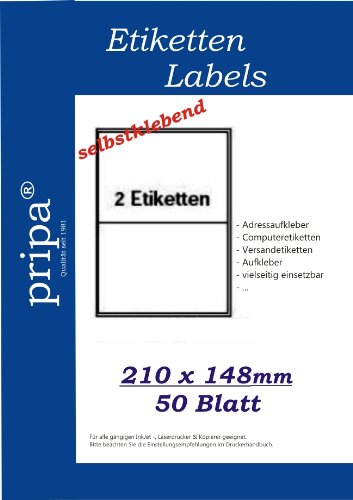 pripa Etikettenformat 210 x 148 - 50 Blatt DIN A4 selbstklebende Etiketten - DHL Hermes UPS ...