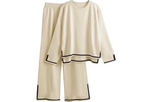 DONYKARRY 2 Pieces Jogginganzug Damen Set Langarm Lounge Sets Strickpullover Top Weites Bein Elastische Taille Hose Anzug