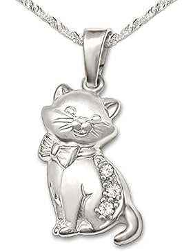 CLEVER SCHMUCK-SET Silberner Anhänger elegante Katze 16 x 10 mm mit 3 Zirkonias matt und glänzend sowie Kette...