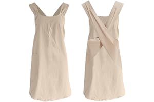 Glorlliant Halter Vendaje Cruzado Delantales, Color Sólido Algodón Lino Delantal con Bolsillos Grandes Estilo Japonés, Retro Literatura Babero Delantales Mujeres para Cocina Jardinería Florista Caqui