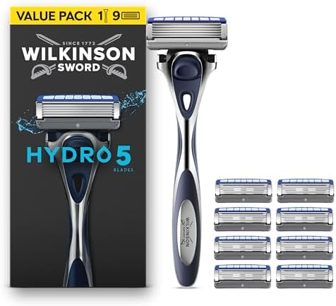 Wilkinson Sword Hydro 5, ricariche per rasoio da uomo, formato convenienza, azione idratante e lame rivestite in carbonio, set manico + 9 ricariche