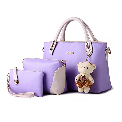 NiaNia Women's YB034 Purple Leather Shoulder Bags Handbag Totes Clutch Coin Purse 3 Pieces Set
