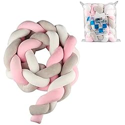 Luchild Tour de Lit 2m Bébé Coussin Serpent Tressé Pare-chocs Velours Berceau Pare-chocs Tressé Bébé lit Bumper Noué Tressé en Peluche Pépinière Pour les Nouveau-nés lit Sommeil (Gris + blanc + rosa)