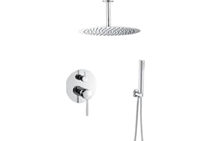 VALAZ Ducha Empotrada Cromada | Ducha Monomando 2 Vías, Rociador Efecto Lluvia | Instalación en Techo Fácil y Rápida | Inoxidable, Redonda, Rociador 25 cm, Serie Jucar