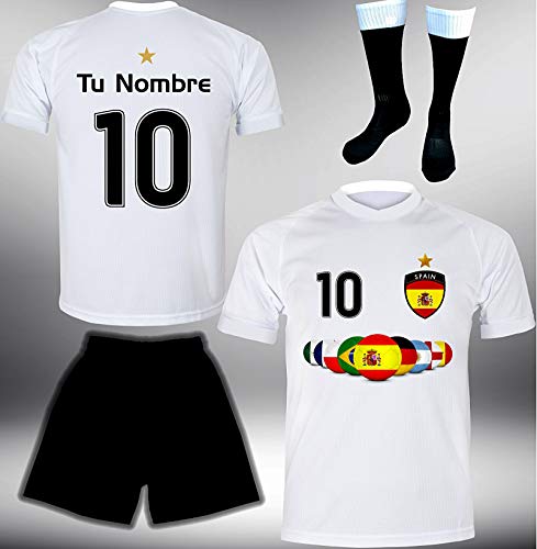ElevenSports Spanien Trikot Set 2018 mit Hose & Stutzen GRATIS Wunschname + Nummer im EM WM Weiss Typ #ES7ths – Geschenke für Kinder Erw. Jungen Baby Fußball T-Shirt Bedrucken Espana