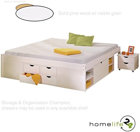 H24living Double bed, Kingsize Bed with storage (160x200cm), ottoman, 2 sets of slats, 4 drawers, 8 shelves, 2 mobile bedside tables, solid pine wood, white finish