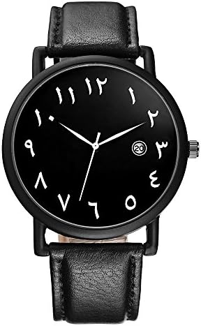 SANQ Arab Numbers Scales Men Watch Black leather watch with Calender (Black)