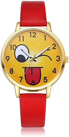 Wollways Cute Emoji Quartz Watch - Casual Movement Leather Strap Arabic Numeral Dial Daily Accessories Wristwatch Gift for Birthday Girlfriend