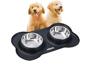 Edipets, Comedero Perro Gato y Mascotas, Bebedero Perro Gatos, Doble Plato Extraíble de Acero Inoxidable, Base de Silicona Antideslizante (Tamaño M - 480 Gr, Negro)