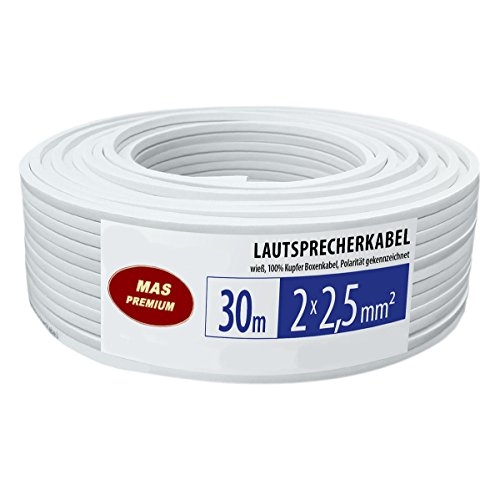 AWG 13 - cavo audio degli altoparlanti, filo 30m - 2 x 2,5 mm² decoder via cavo, puro OFC (Oxygen Free Copper) di rame, Quadrato, flessibili, marcature metri, Colore Bianco