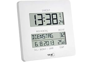 TFA Dostmann 60.4509" Time Line Orologio da parete radiocontrollato con temperatura e giorno della settimana (bianco con batterie)