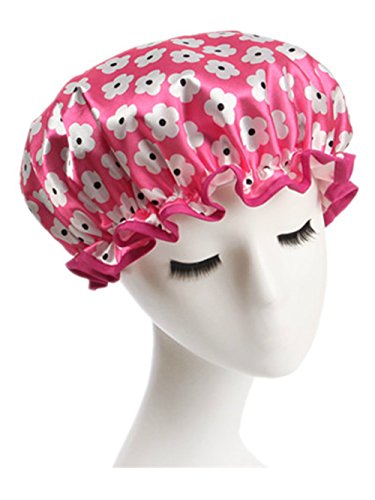 Moolecole Women's Floral Waterproof Double Layer Shower Cap Elastic Band Bathing Cap Spa Shower Hat Pink