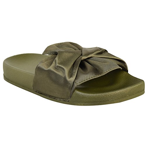Damen Schlappen mit flacher Gummi-Sohle - Zierschleife aus Satin - Satin Khakigrün - EUR 40