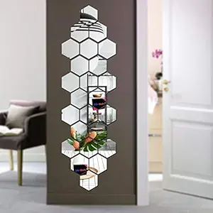 Bikri Kendra Glass Hexagon 24 Wall Mount 3D Acrylic Mirror Wall Stickers (Silver )