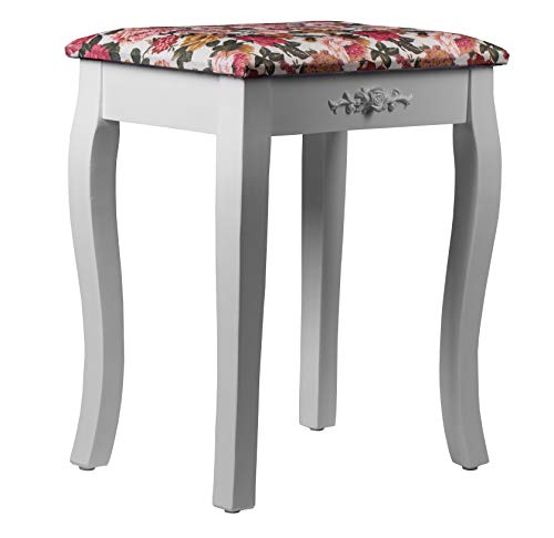 Intirilife Tabouret 37x28x45 cm en Blanc À Fleurs - Siège de Coiffeuse Style Baroque en Bois avec Pieds Arqués et Motif Rose Élégant pour Table de Maquillage ou Piano - Chaise Rembourré de Vanité