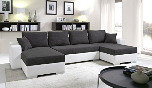 Canape D Angle En U Convertible Enno Tissu Noir Et Simili Cuir