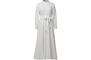 CAMDOM Vestido de clero de iglesia para mujer, de manga larga, acampanado, elegante, maxi vestido con lengüeta insertada, cuello alto y cinturón