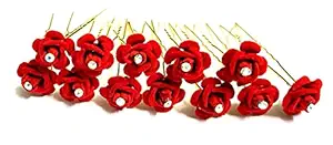 Hair Flower Fancy Bun Metal Jura pins Pack Of 12 red Rose Hair Accessories/Fancy Juda Pins /Clips for Bun Decoration/Juda pins for Bridal Hair for Women and Girls (Red1)