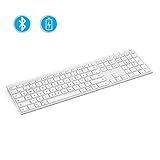 【KABELLOSE VERBINDUNG DURCH BLUETOOTH】 Durch Bluetooth 3.0 ermöglicht es eine schnellere Datenübertragung und eine stabilere Verbindung ohne Kabel bis zu 15 M. Die Funktastatur lässt sich mit 3 Geräten gleichzeitig verbinden, einfach FN+1/2/3 drücken, um zwischen den Geräten umzuschalten.