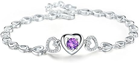 ForfamilyltdSterling Silver Purple Crystal Interlocking Heart Bracelet, Adjustable
